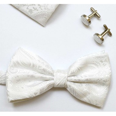 Set papion, batista si butoni alb cu model floral CHIKA